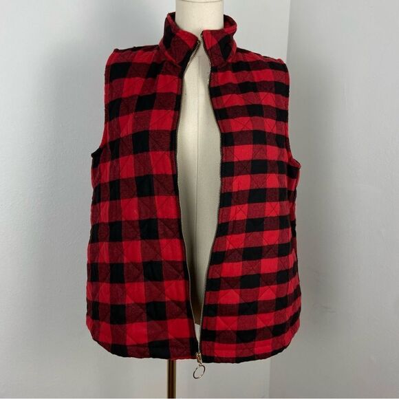 Women's Black Red Buffalo Check Vest Holidays Christmas Cabin Checkered Medium - Picture 9 of 14